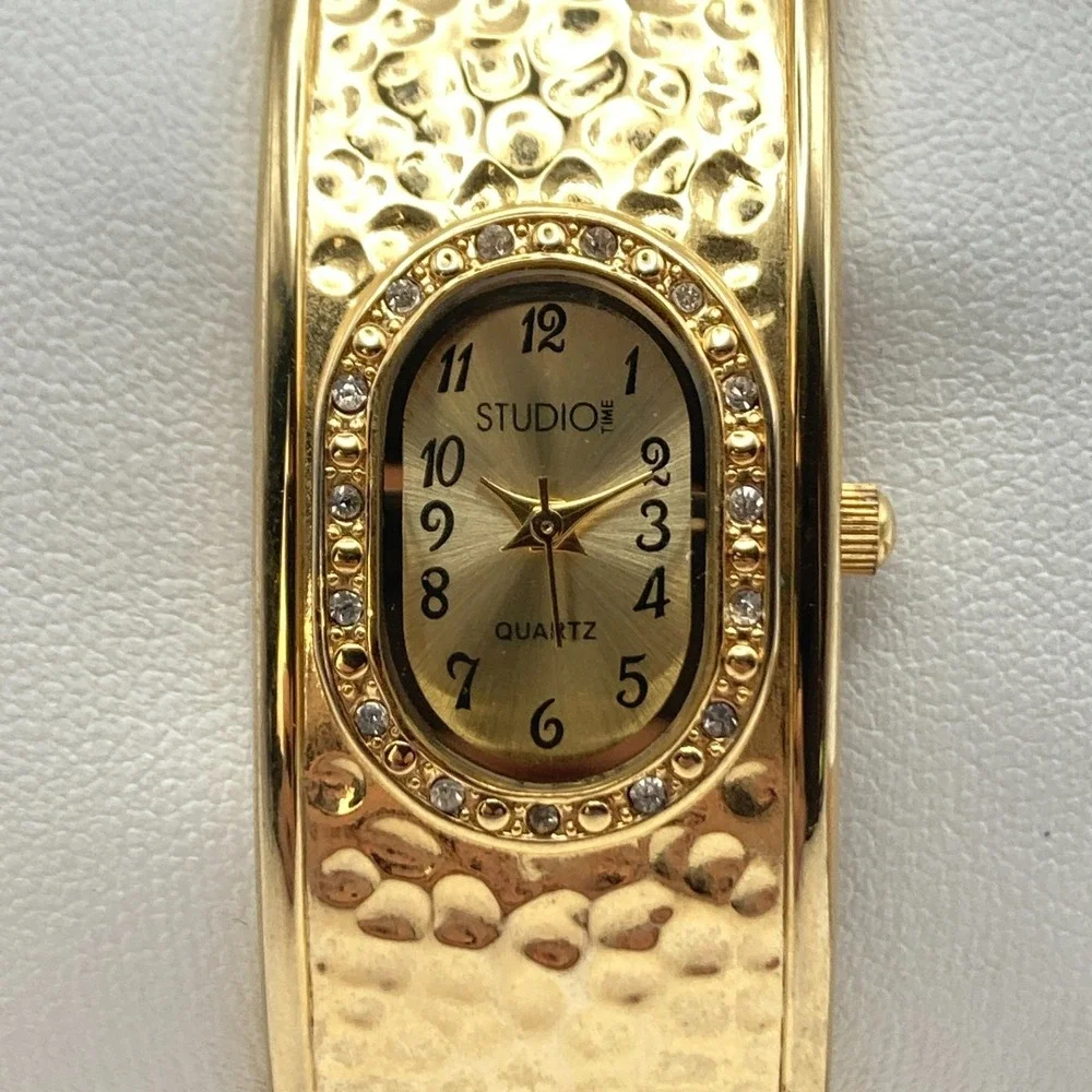 Studio Time Women's Watch Gold Tone Hammered Cuff Crystals Oval New Battery 6.5